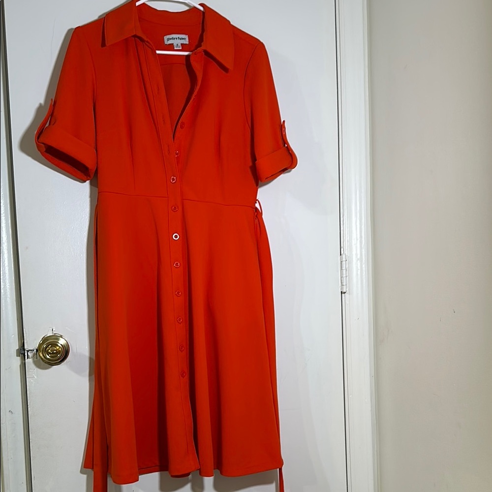 Orange Midi Dress with Notched Collar and Cuffed Sleeves